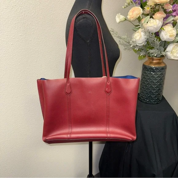 Tory Burch Ella Tote Burgundy Leather w/ Blue Interior Work School Bag - Picture 2 of 8